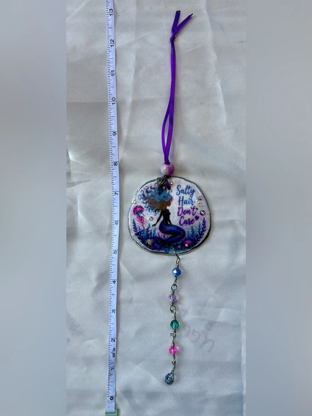 Decoupage Mermaid 'Salty Hair Don't Care' Purple Crystal Sand Dollar Suncatcher